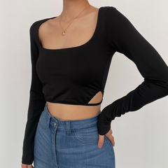 Hollow out solid long sleeve square neck crop top