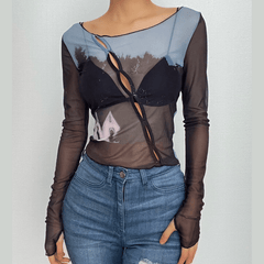 Hollow out contrast sheer mesh long sleeve see through top