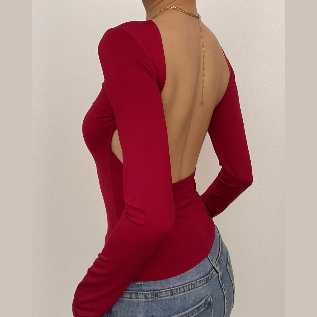 Hollow out solid long sleeve backless top