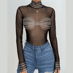 Body de malla transparente con cuello alto y mangas largas con cuentas 