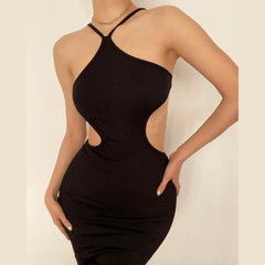 Vestido midi de canalé con espalda abierta y cuello halter calado 