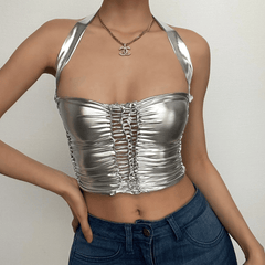 Lace up metallic halter low cut backless solid crop top