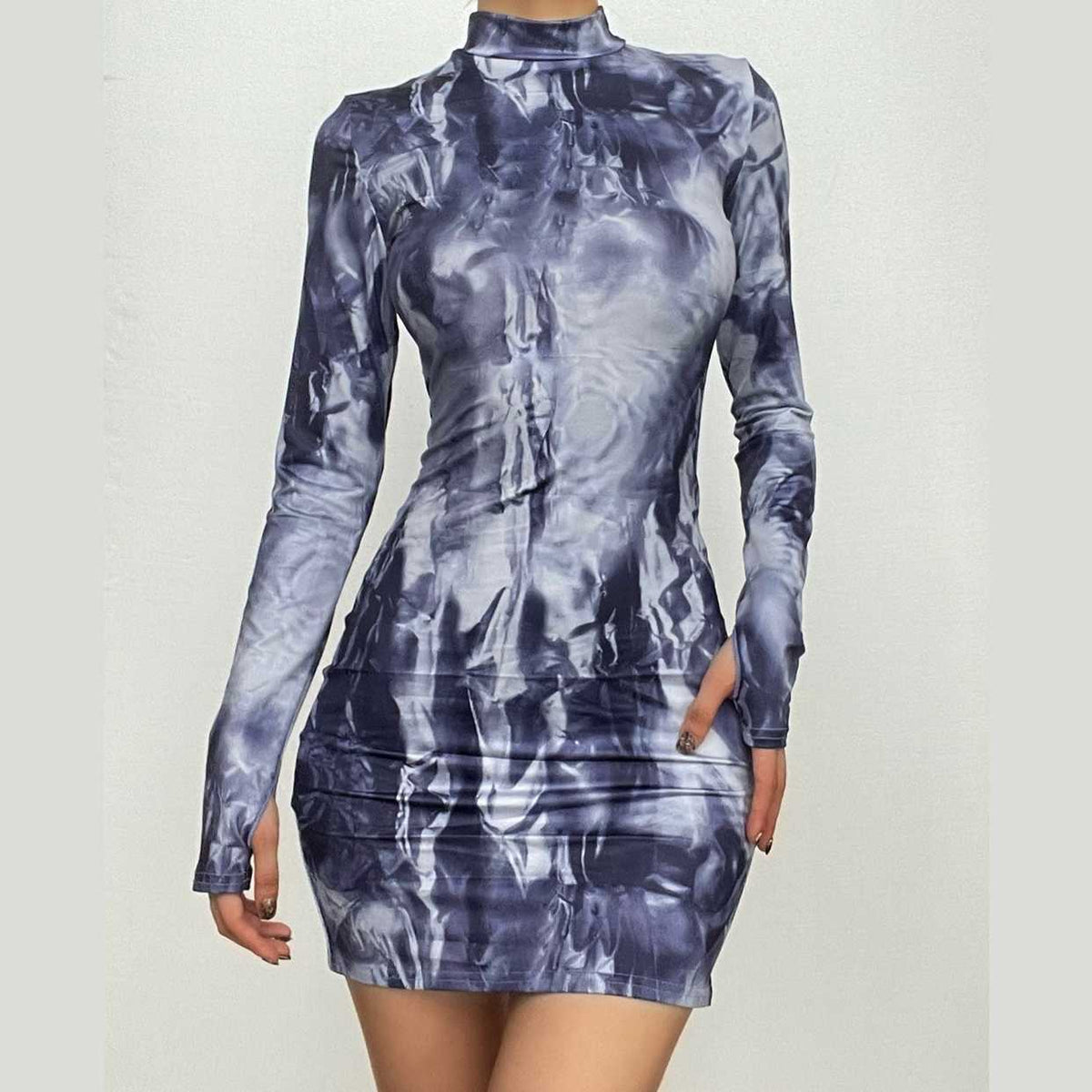 Tie dye long sleeve high neck gloves contrast mini dress