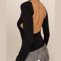 Hollow out solid long sleeve backless top