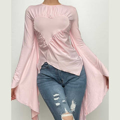 Irregular flared sleeve ruched crewneck solid top