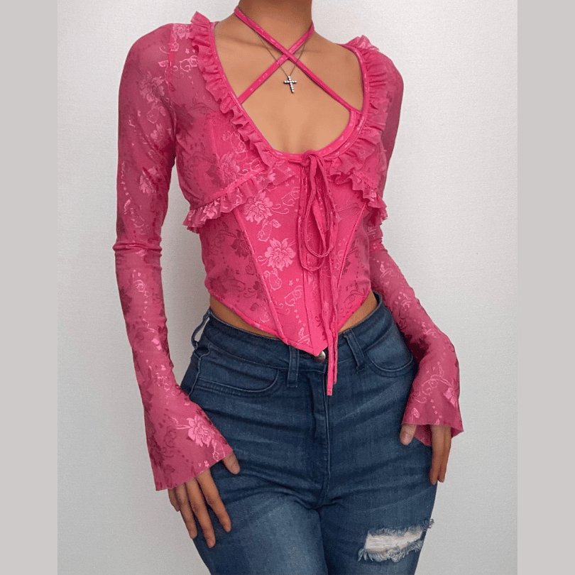 Lace corset long sleeve 2-way ruffle 2 piece crop top