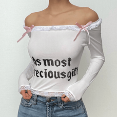 Bowknot contrast lace hem long sleeve square neck top