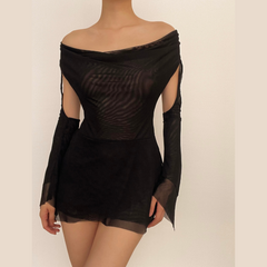 Halter off shoulder sheer mesh see through backless cowl neck mini dress