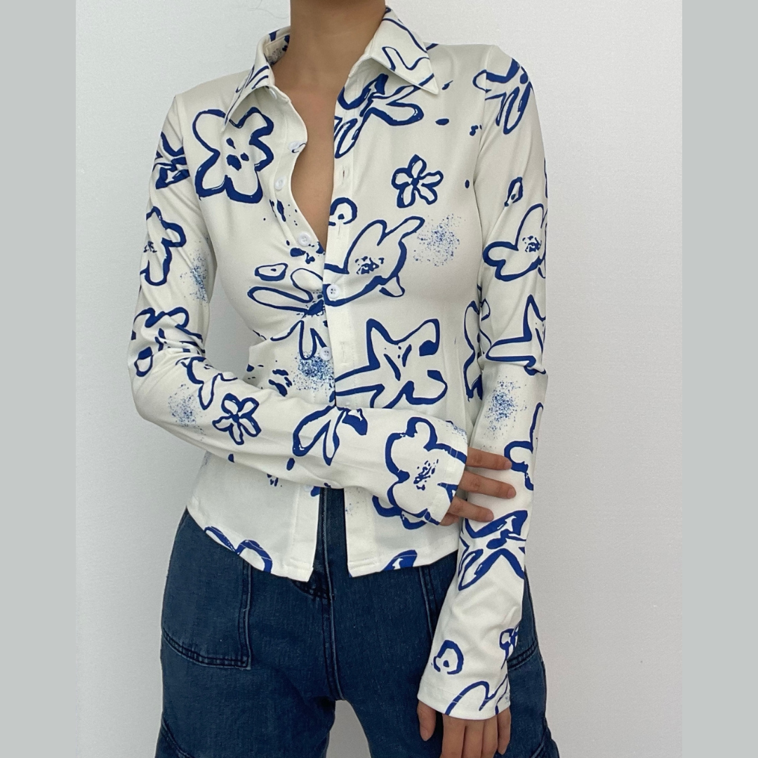 Turnover collar button contrast print long sleeve top