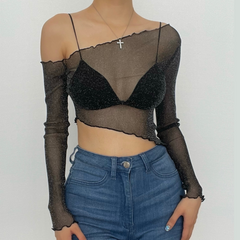 Long sleeve solid see through sheer mesh one shoulder ruffle crop top