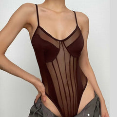 Rückenfreier Camisole-Bodysuit aus Mesh-Patchwork mit V-Ausschnitt