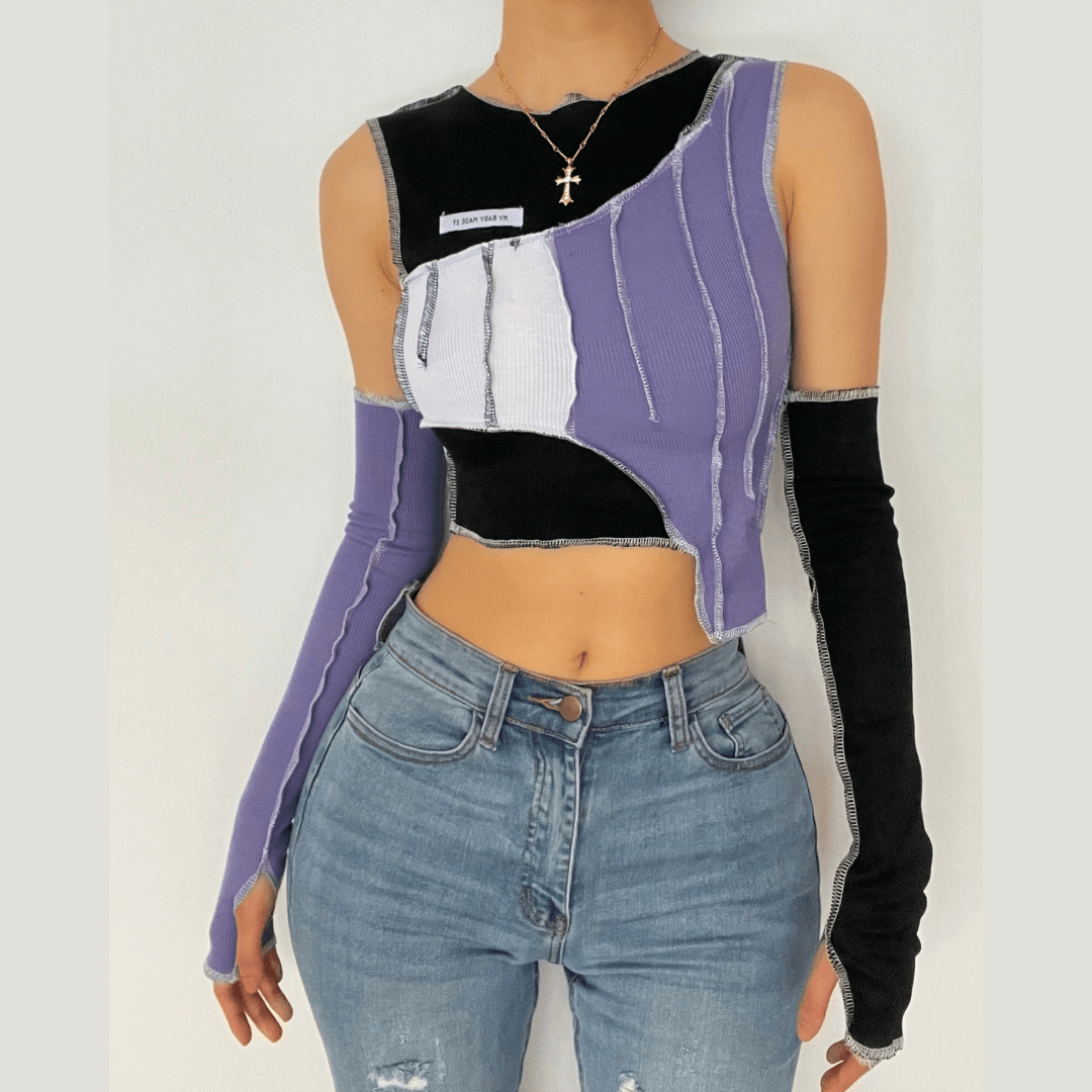 Patchwork off shoulder gloves ribbed crop top