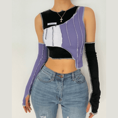 Patchwork off shoulder gloves ribbed crop top