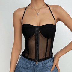 Top tipo corsé con cuello halter, espalda descubierta y malla con botones, con lazo automático 