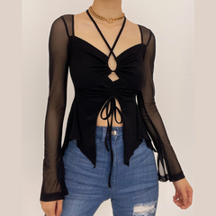 Mesh hollow out slit drawstring long sleeve halter self tie crop top