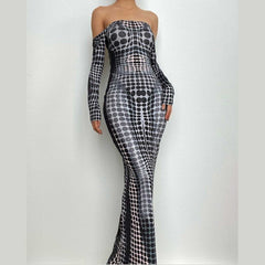 Polka dot thermal contrast off shoulder long sleeve backless maxi dress