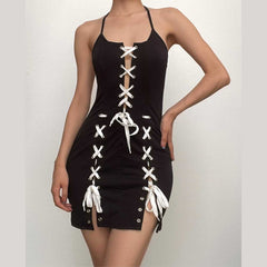 Lace up contrast slit self tie halter backless mini dress