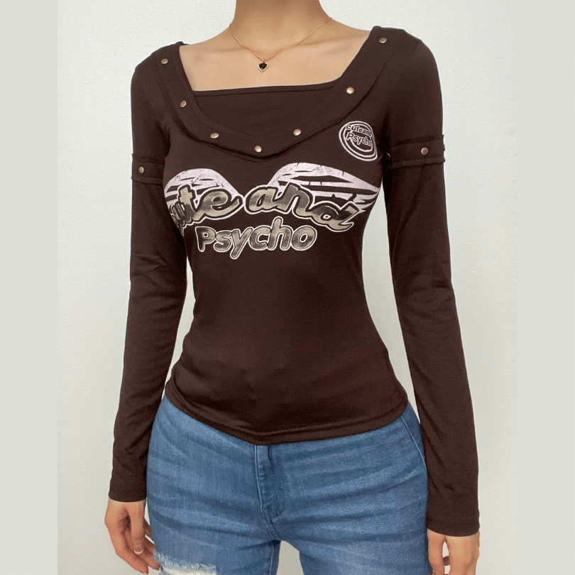 Beaded "Psycho" pattern long sleeve contrast top