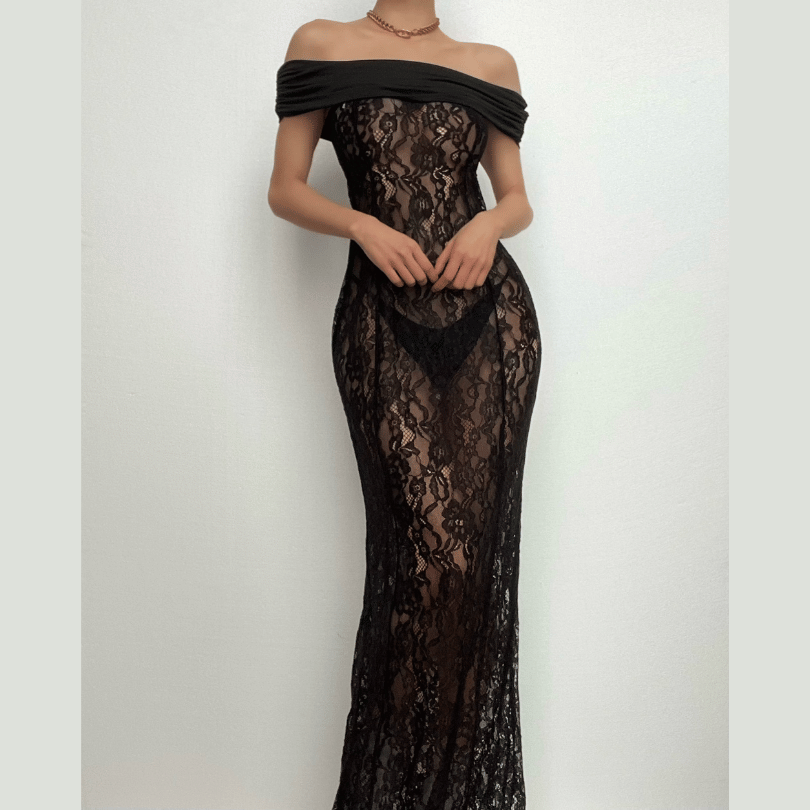 Lace off shoulder see through solid ruched maxi dress