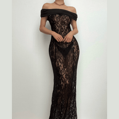 Lace off shoulder see through solid ruched maxi dress