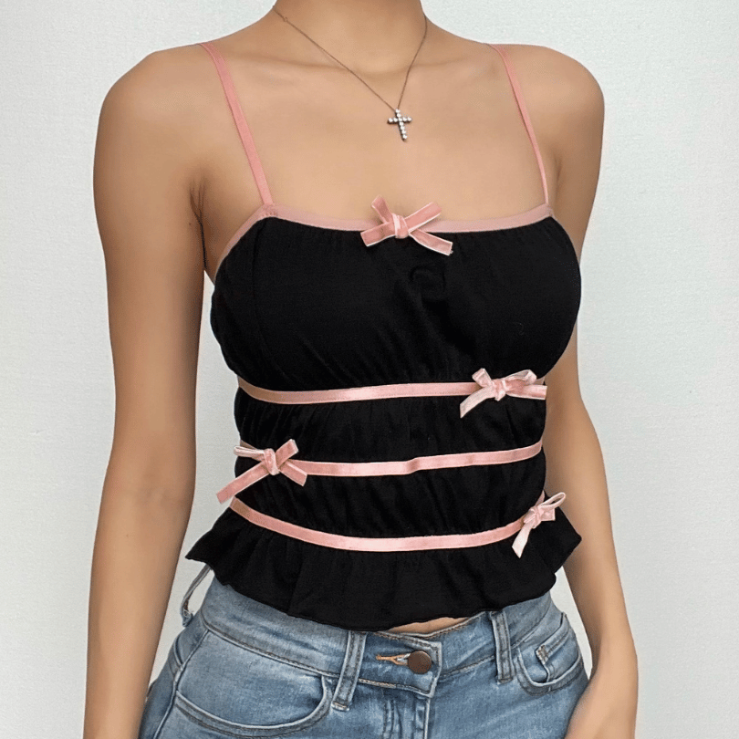 Kurzes Camisole-Top mit Schleife, gerafftem Kontrast und quadratischem Ausschnitt 