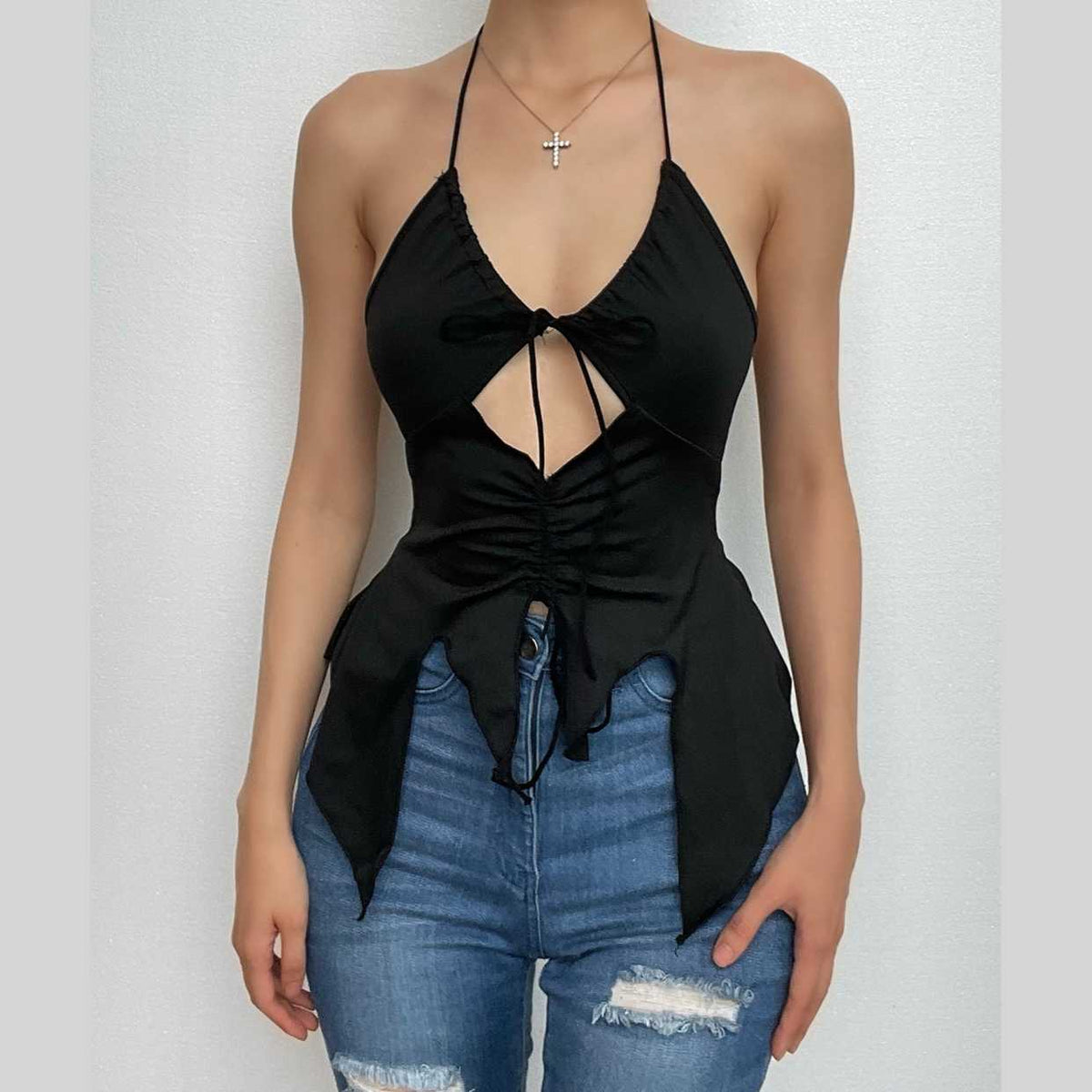 Hollow out ruched halter ruffled tie front top