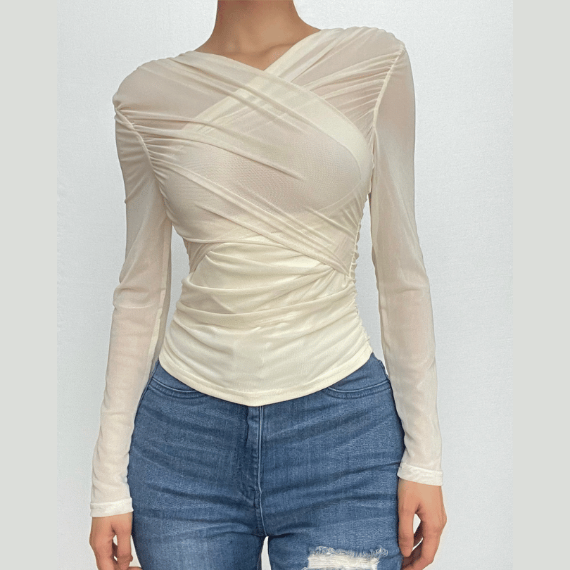 Cross front ruched mesh long sleeve solid top