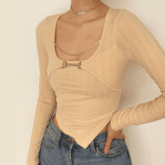 Long sleeve round neck metal chain buckle top