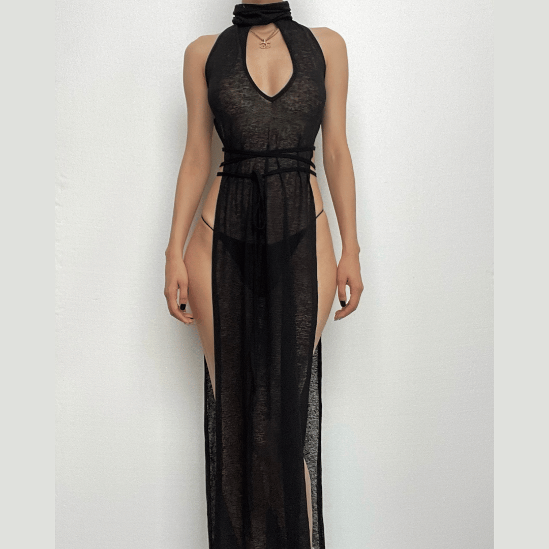 Sleeveless hoodie low cut slit self tie turtle neck see through maxi dress