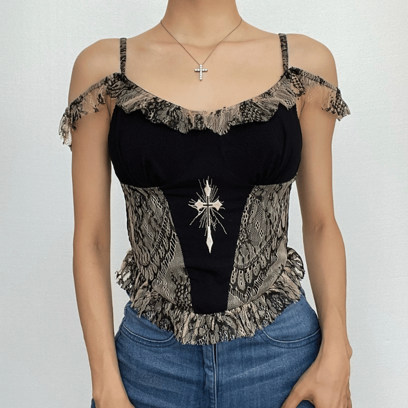 Lace patchwork contrast off shoulder smocked top