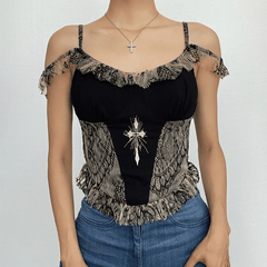 Lace patchwork contrast off shoulder smocked top