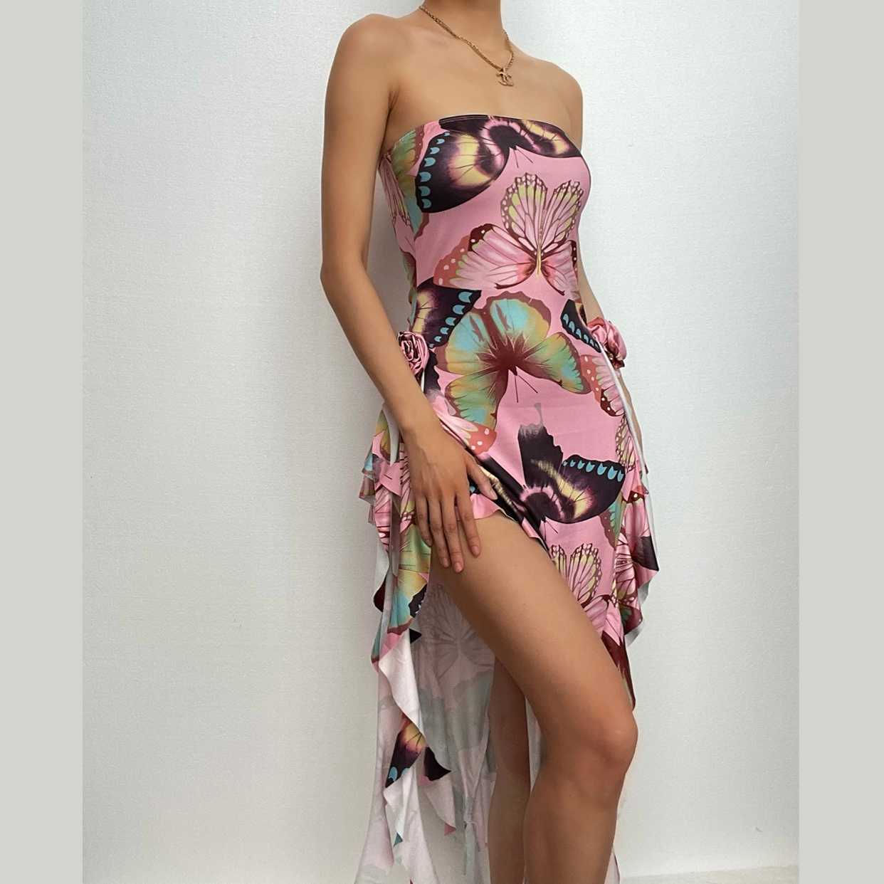 Butterfly print ruffle ribbon flower applique contrast backless maxi dress