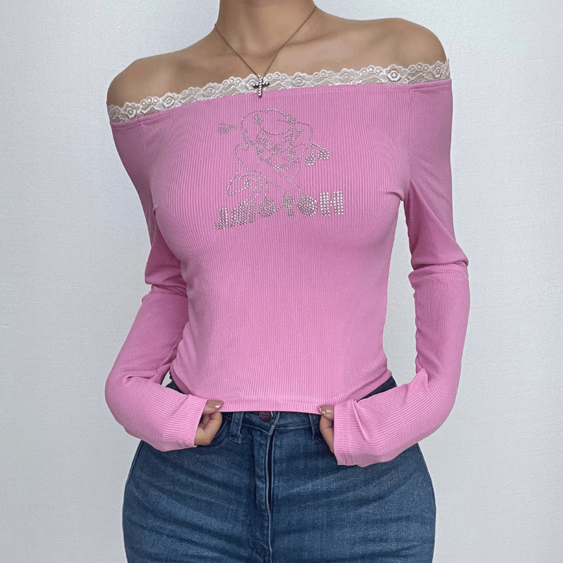 Beaded off shoulder long sleeve ribbed lace hem top