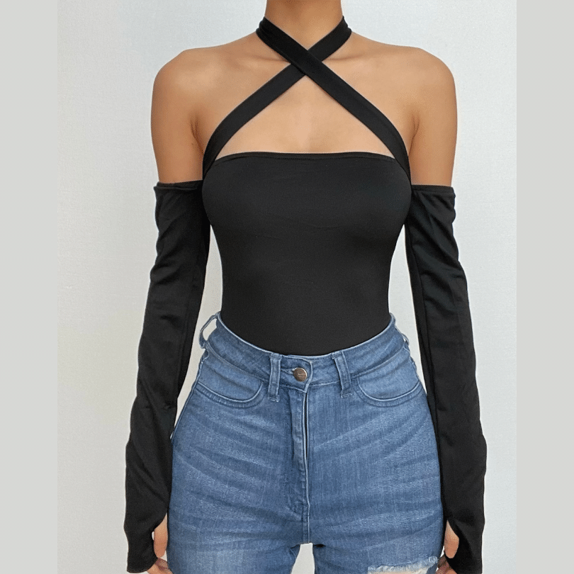 Long sleeve gloves off shoulder halter cross front ribbon backless bodysuit