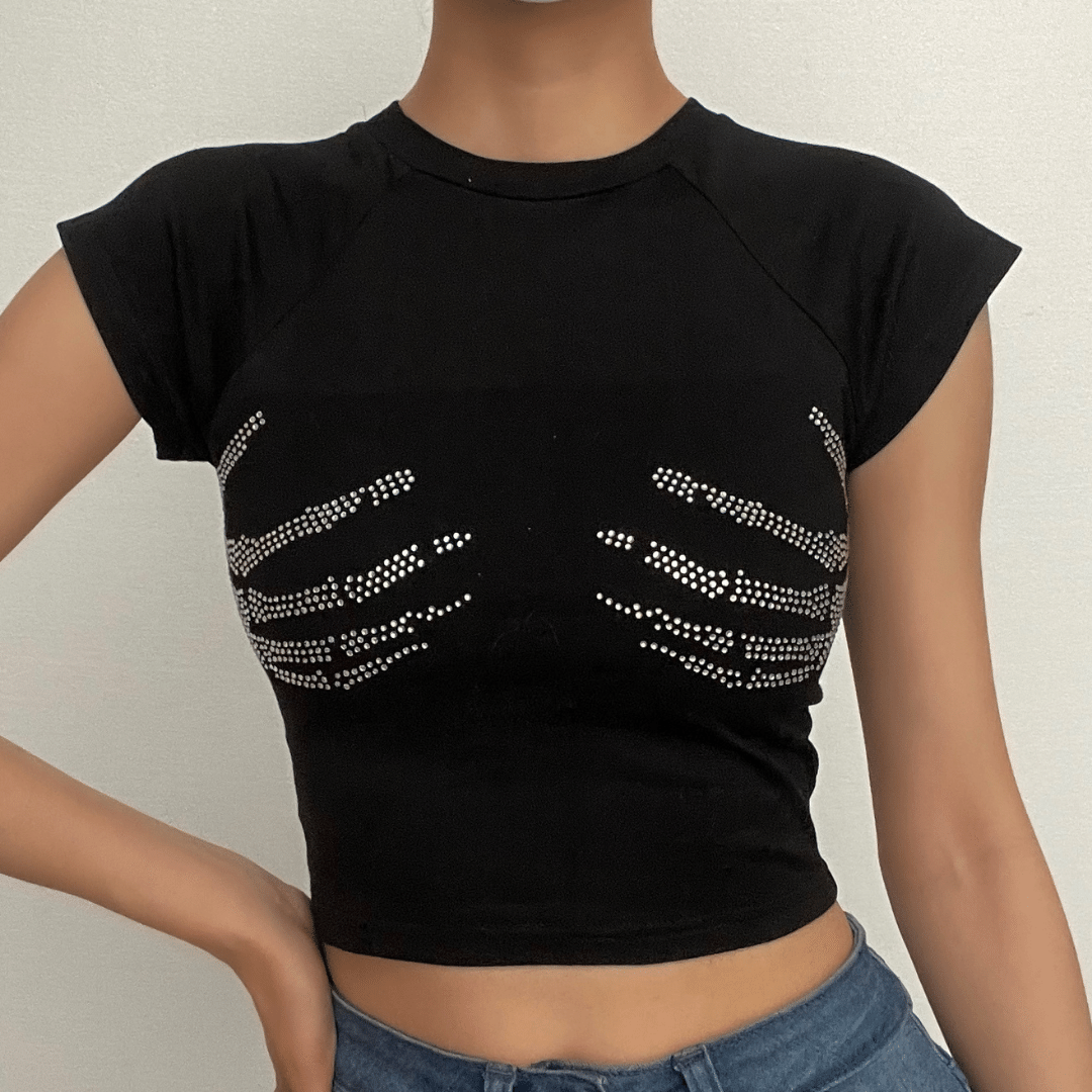 Crop-Top mit Rundhalsausschnitt und Flügelärmeln und Palmenmuster mit Perlen