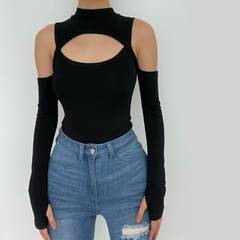 High neck hollow out off shoulder solid bodysuit