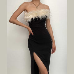 Fluffy contrast slit backless zip-up tube midi dress