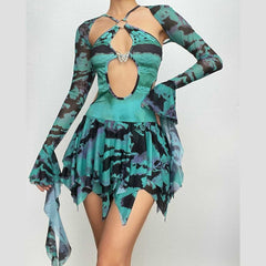 Tie dye ruched flared sleeve hollow out self tie shrug mini dress - Final Sale