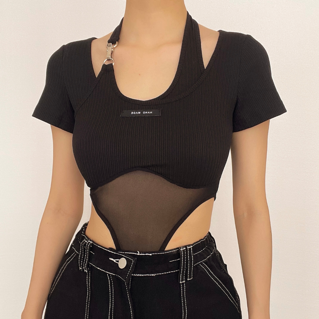 Halter short sleeve irregular mesh ribbed solid bodysuit