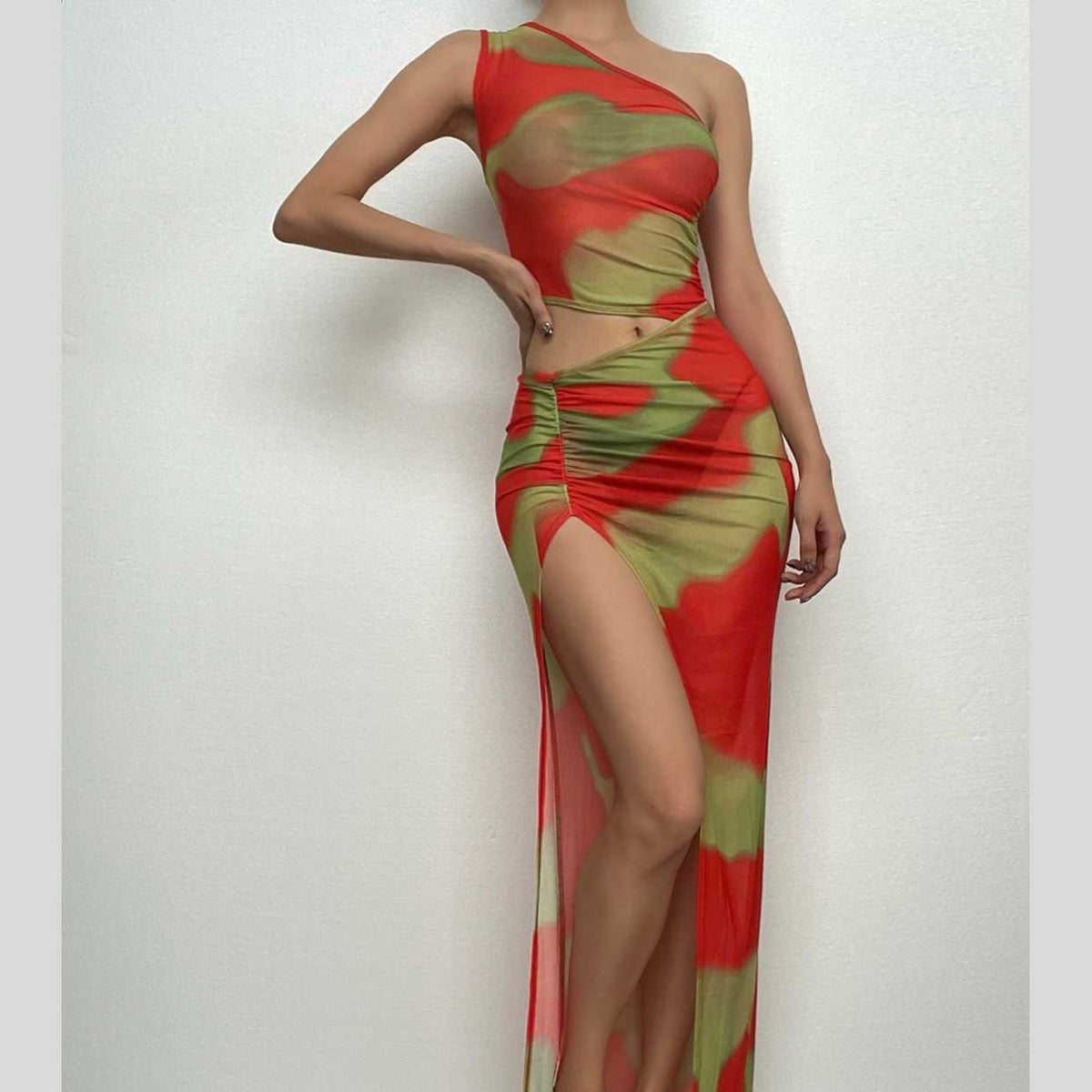 Irregular ruched slit sheer mesh see through tie dye one shoulder maxi dress