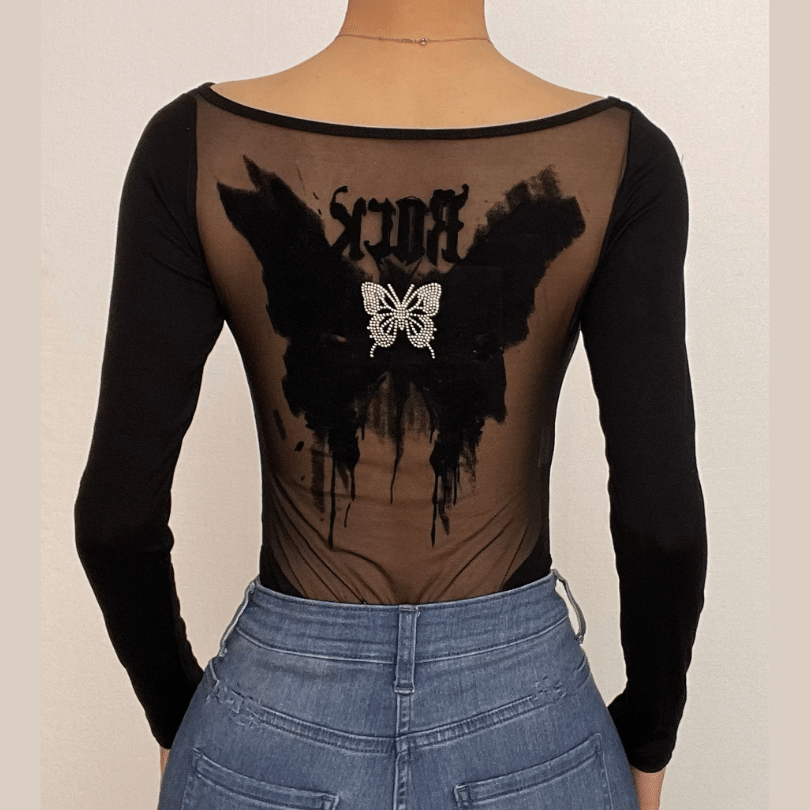 Body de manga larga fruncido con estampado de mariposas y cuentas de color liso 