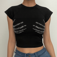 Crop-Top mit Rundhalsausschnitt und Flügelärmeln und Palmenmuster mit Perlen