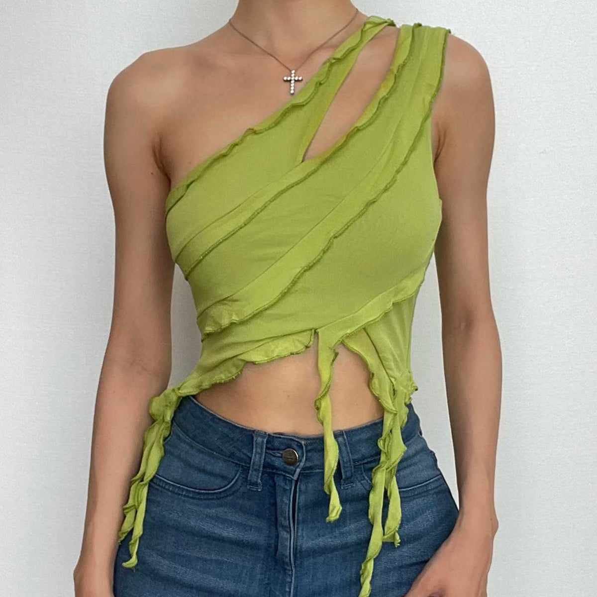 Irregular hollow out ruffle mesh solid one shoulder top