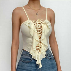 Cross front hollow out solid halter lace up ruffle crop top