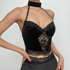 Neckholder-Crop-Top aus Samt mit Knöpfen und Schnürung