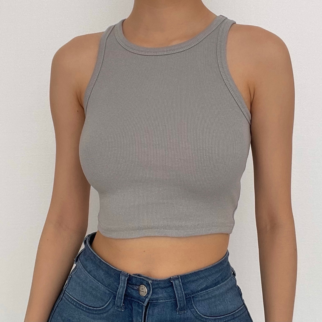 Round neck ribbed solid sleeveless tank top