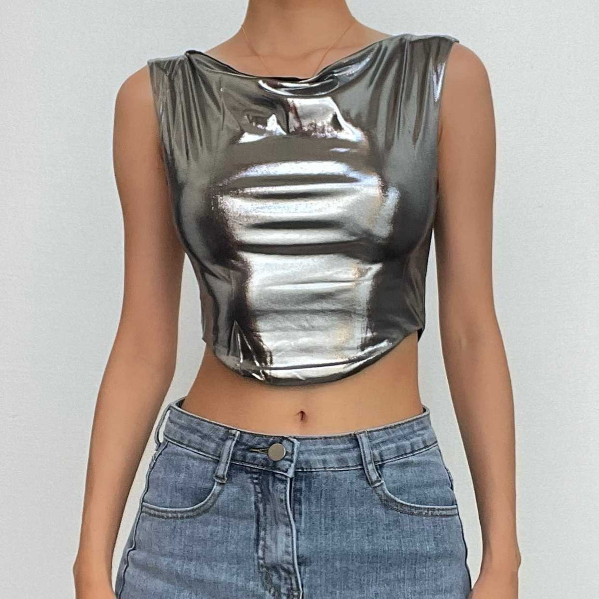 Cowl neck metallic cap sleeve ruched crop top