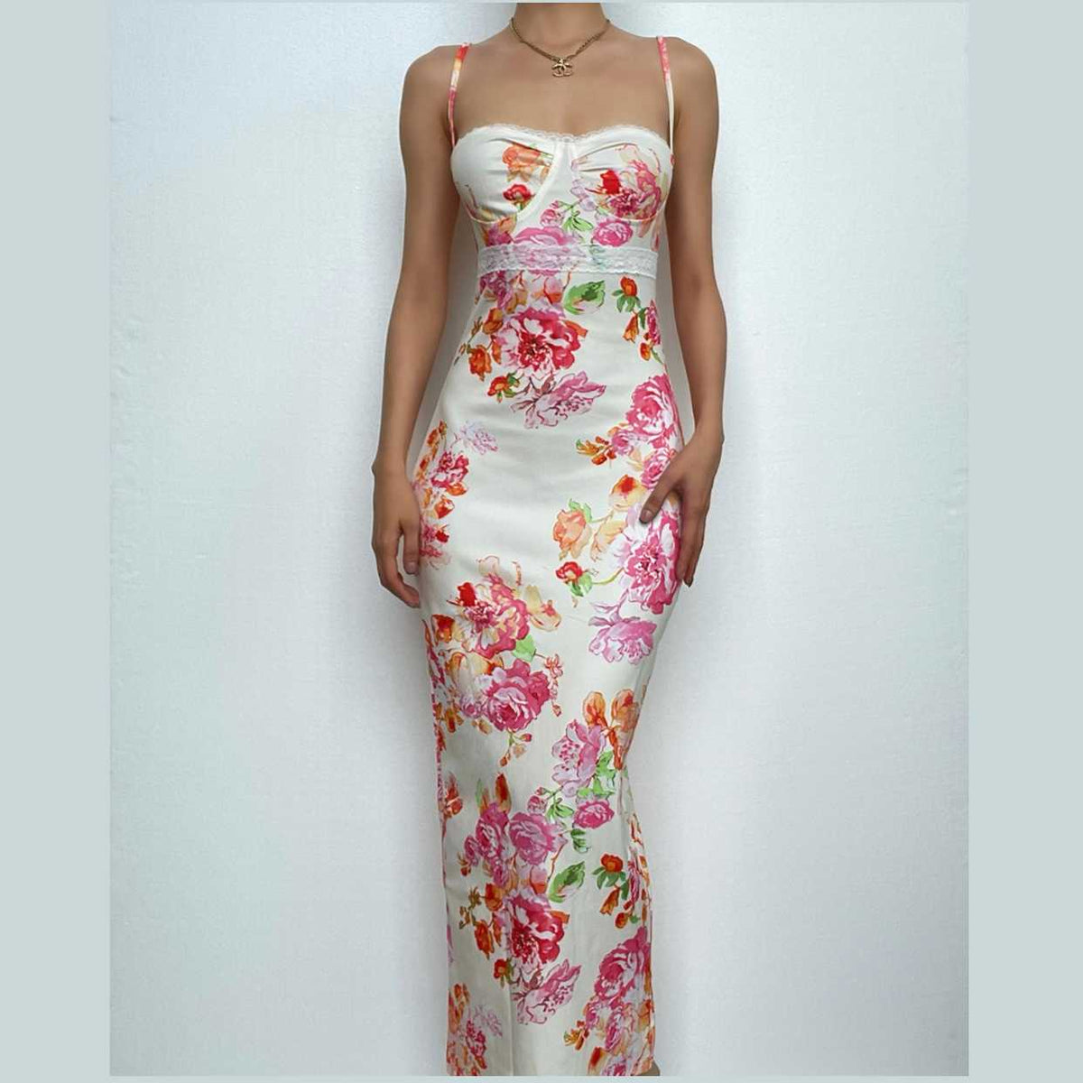 Lace hem sweetheart neck flower print contrast cami maxi dress