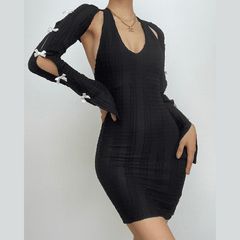 Long sleeve bowknot slit halter v neck textured shrug mini dress