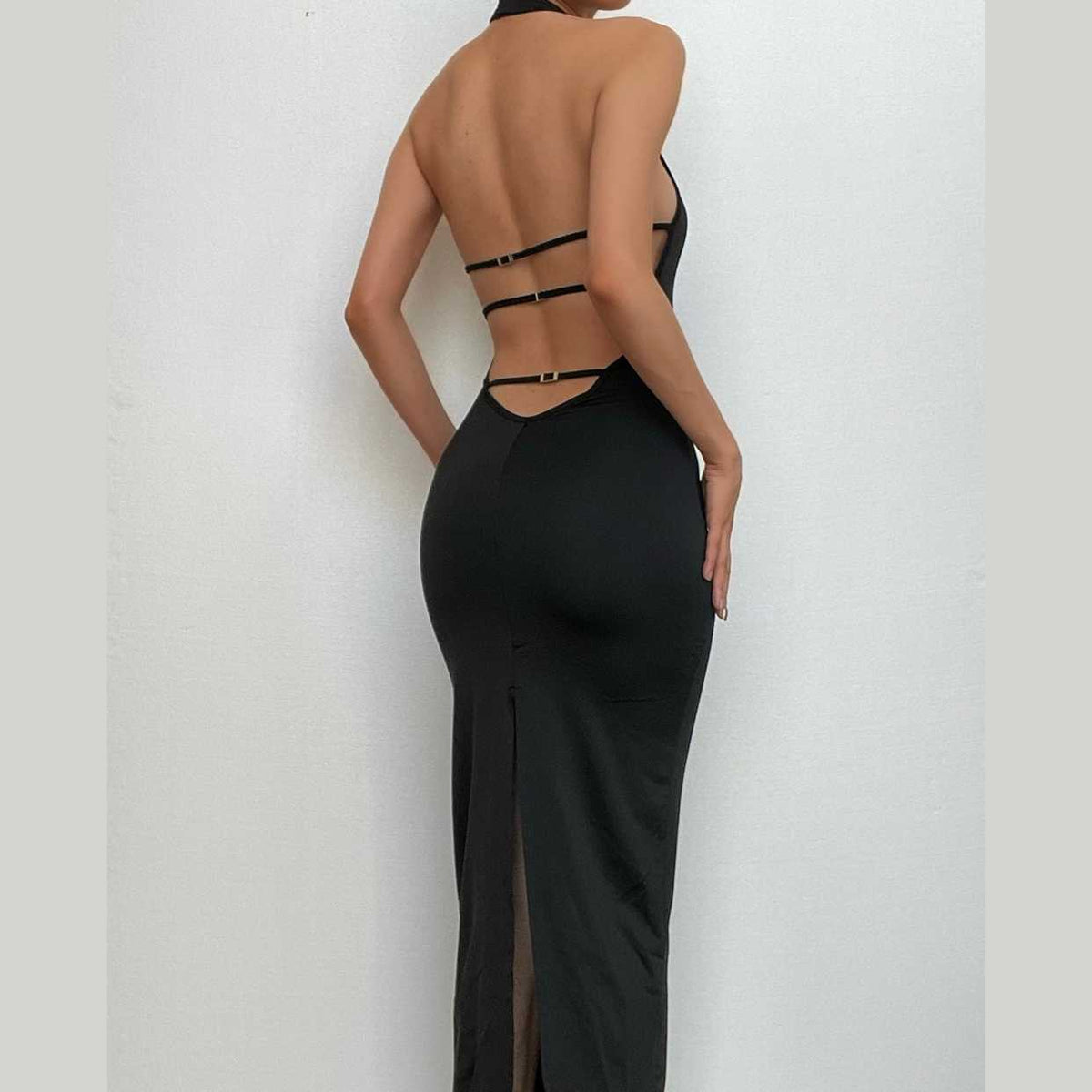 Halter backless slit solid sleeveless hollow out maxi dress